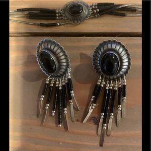 Vintage Sterling Silver Onyx Concho Dangle Post Earrings & Bracelet Set